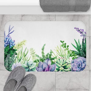 Succulent Bath Mat: Botanical Watercolor Cactus Pattern - Quick Dry, Machine Washable, Slip Resistant Surface