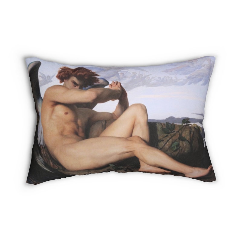May include: A painting of a nude male angel with red hair, lying on a rock with his wings spread out behind him. The background is a blue sky with clouds.