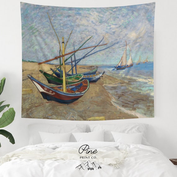 Van Gogh Tapestry, Vincent Van Gogh, Ocean Tapestry, Boat Painting, Ocean Painting, Beach Painting, Beach Tapestry, Vintage Ocean Art