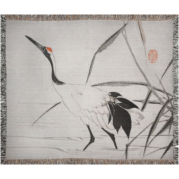 Crane Tapestry, Woven Blanket, Bird Blanket, Japanese Blanket, Crane Decor, Japanese Tapestry, Art Blanket, Bird Tapestry, Crane Wall Art