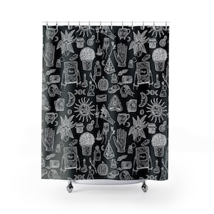 Gothic Shower Curtain, Witch Shower Curtain, Black Shower Curtain, Magic Decor, Sun Shower Curtain, Moon Decor, Tarot Decor, Witchy Decor