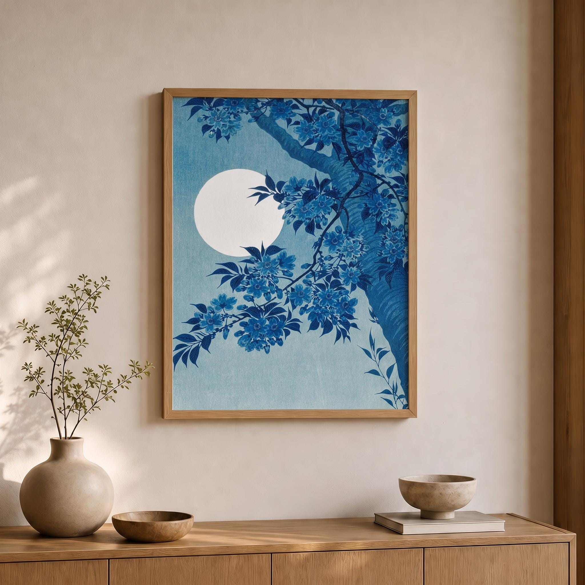 Japanese Moon Wall Print | Vintage Cyanotype Museum Poster, Ohara