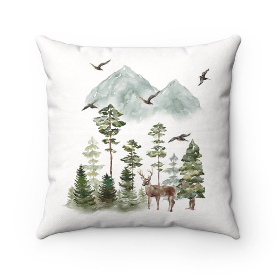Forest Pillow, Pine Tree Pillow, Deer Decor, Forest Decor, Green Pillow, Nature Pillow, Pine Tree Decor, Mountain Pillow, Mountain Decor