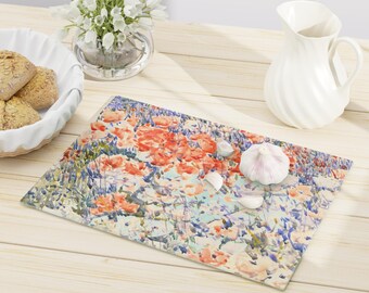 Floral Cutting Board, Glass Cutting Board, Floral Kitchen, Vintage Floral Decor, Kitchen Gift, Nature Kitchen, Impressionist Floral Art