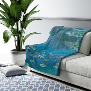 Monet Fine Sherpa Blanket | Blue Water Lilies Fleece Throw, Vintage Style Plush Essential