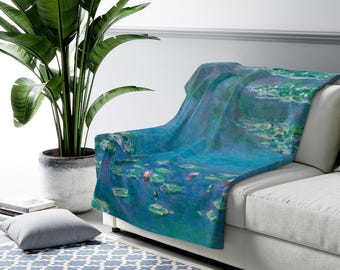 Monet Fine Sherpa Blanket | Blue Water Lilies Fleece Throw, Vintage Style Plush Essential