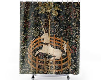 Unicorn in Captivity Shower Curtain | Medieval Renaissance Bathroom Decor, Vivid Antique Powder Room Accent