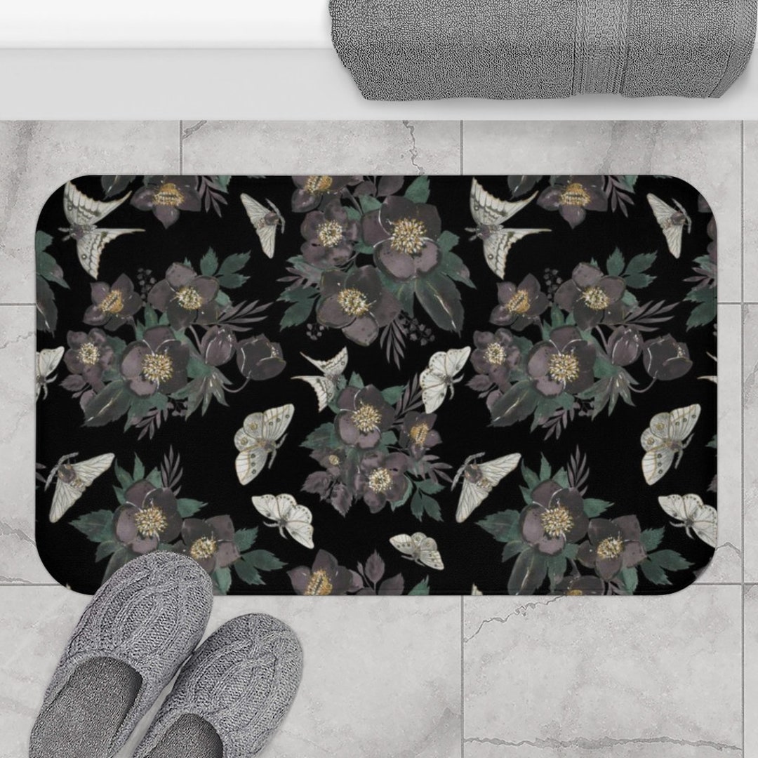 Black Bath Mat, Moth Decor, Vintage Bathroom, Moth Painting, Boho Bath Mat, Boho Bathroom ...