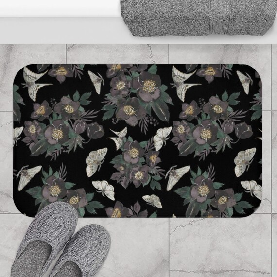 Black Bath Mat, Moth Decor, Vintage Bathroom, Moth Painting, Boho Bath Mat, Boho Bathroom, Nature Bath, Nature Botanical, Gothic Bathroom