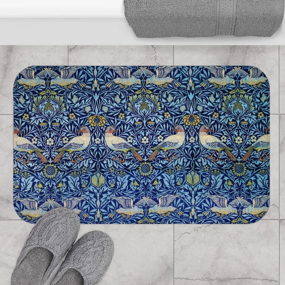 Blue Bath Mat, Bird Bath Mat, William Morris, Blue Bathroom Decor, William Morris Bird, Nature Bath Mat, Art Nouveau Decor, Vintage Bathroom