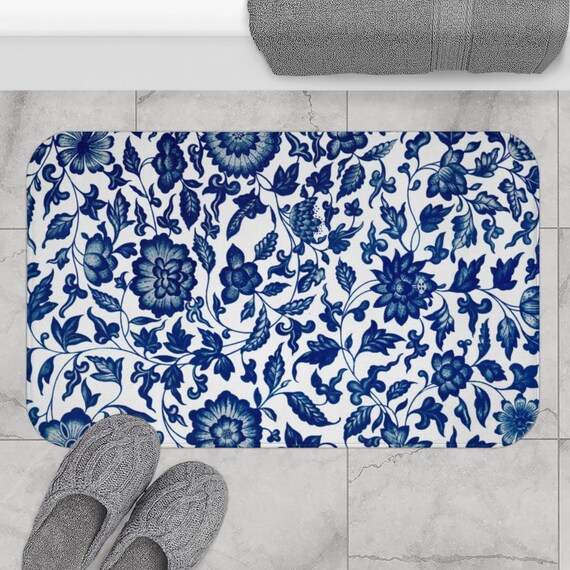Blue Bath Mat, White Bath Mat, Floral Bath Mat, Botanical Decor, Floral Bathroom, Vintage Bathroom, Floral Bathroom, Flower Decor, Blue Mat