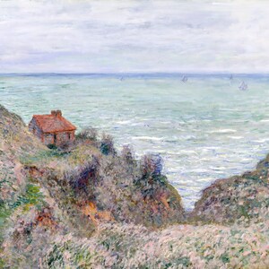May include: A painting of a small red house on a cliff overlooking a green and blue sea. The sky is a light blue with white clouds. There are several sailboats in the distance.