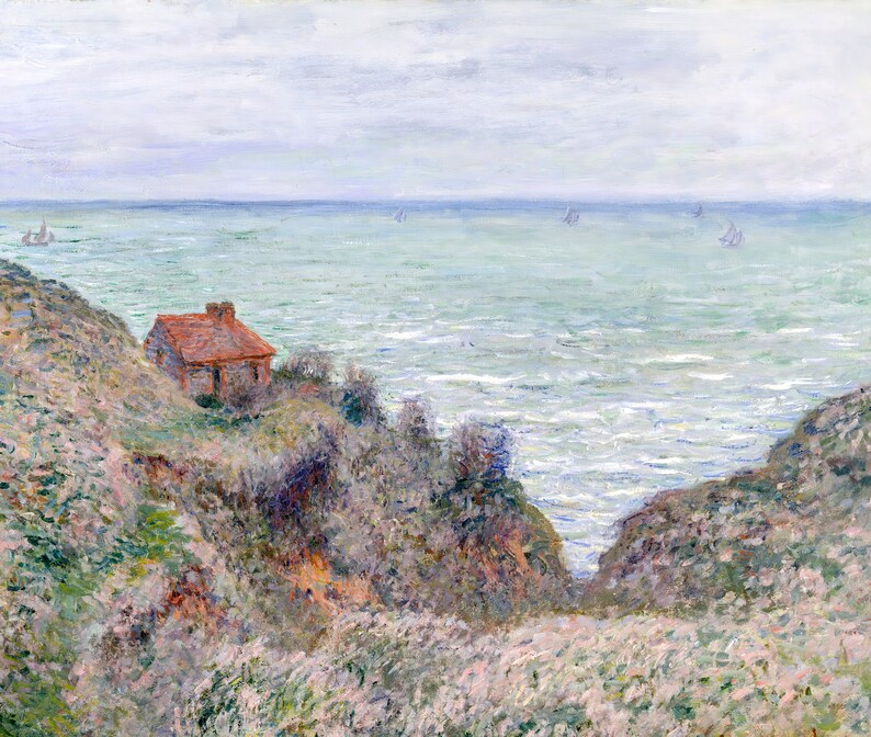 May include: A painting of a small red house on a cliff overlooking a green and blue sea. The sky is a light blue with white clouds. There are several sailboats in the distance.
