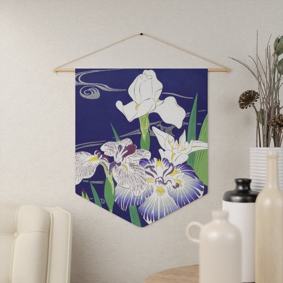 Floral Tapestry, Floral Wall Art, Iris Painting, Blue Floral Art, Flower Painting, Japanese Painting, Flower Wall Hanging, Asian Wall Art
