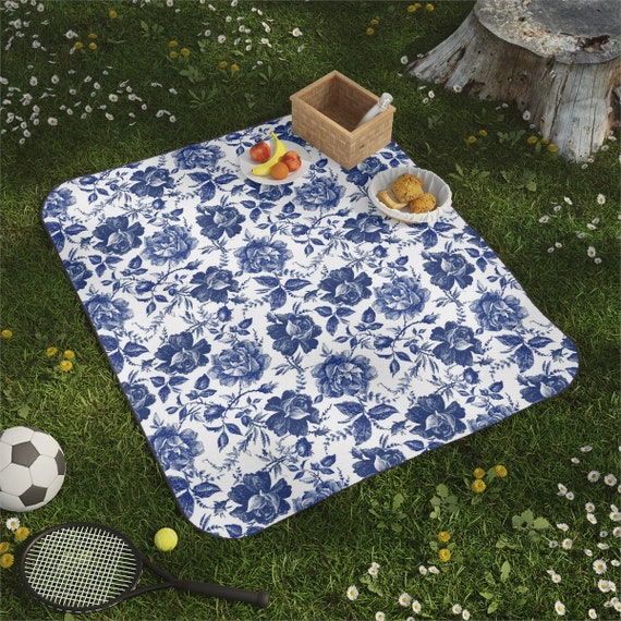 Blue Picnic Blanket, Floral Picnic Blanket, Blue Beach Blanket, Picnic Blanket, Carry Strap, Water Resistant Blanket, Blue Floral Blanket