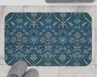Blue Bath Mat | William Morris Design, Vintage Bathroom Decor, Boho Shower Mat