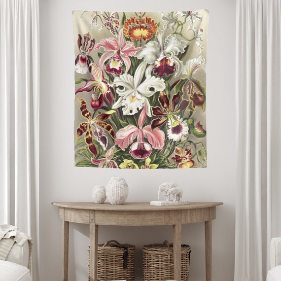Botanical Tapestry, Floral Tapestry, Pink Tapestry, Pink Flowers, Plant Tapestry, Orchid Art, Ernst Haeckel, Boho Tapestry, Nature Tapestry