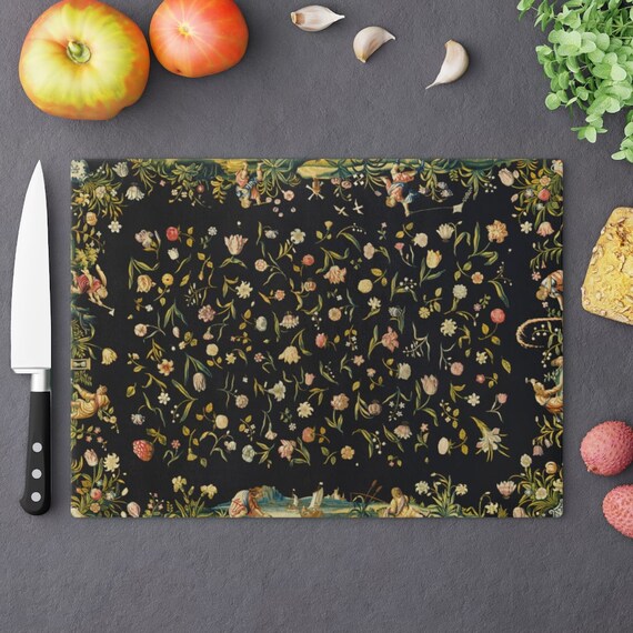 Floral Cutting Board, Cottagecore Decor, Faerie Decor, Black Cutting Board, Boho Kitchen, Floral Kitchen, Glass Cutting Board, Black Floral