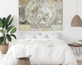 Vintage-Wandteppich mit Tierkreiszeichen | Sternenkarte als Wandbehang, verspieltes Deko-Element im Cottagecore-Stil