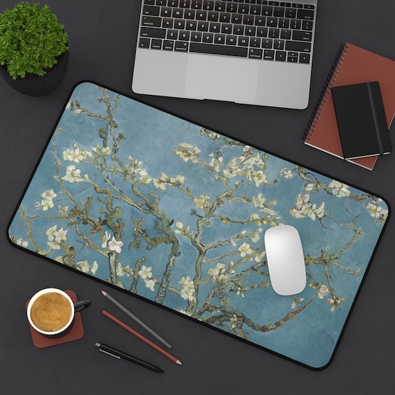 Blue Desk Mat, Van Gogh Decor, Almond Blossom, White Flowers, Vincent Van Gogh, Art Desk Mat, Blue Mousepad, Blue Office Decor