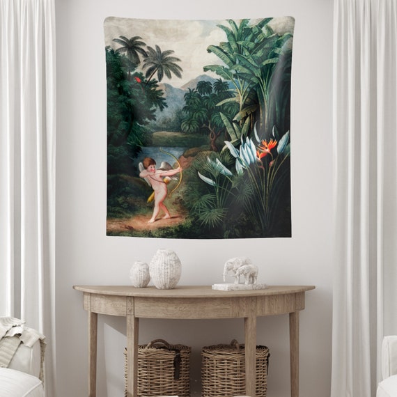 Nature Tapestry, Angel Tapestry, Vintage Tapestry, Vintage Botanical, Botanical Tapestry, Cupid Art, Plant Tapestry, Painting Tapestry
