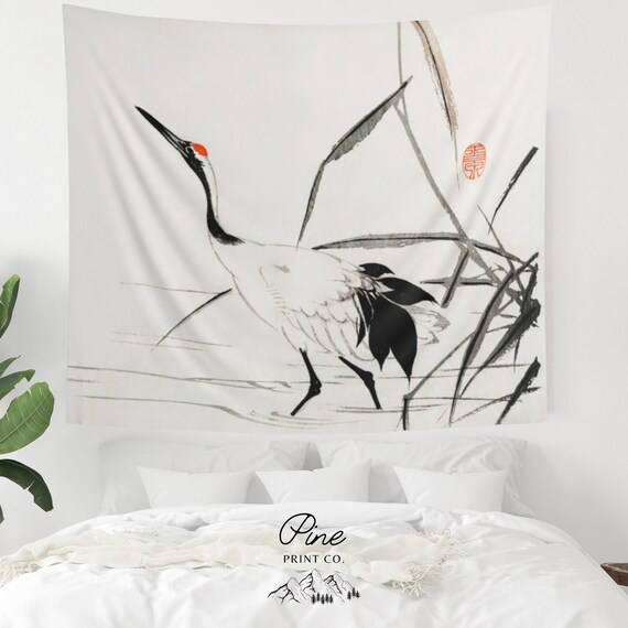 Crane Tapestry, Japanese Tapestry, Crane Painting, Art Tapestry, Bird Tapestry, Crane Decor, Japanese Decor, Japanese Art, Asian Tapestry