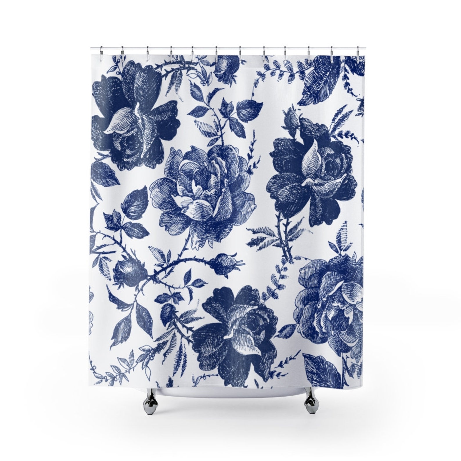 Blue Shower Curtain Rose Shower Curtain Blue White Curtain Etsy