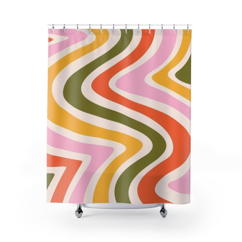 Retro Shower Curtain, Colorful Bathroom, Pink Shower Curtain, 70s Shower 2024 Curtain, Retro Bathroom Decor, Green Shower Curtain, Funky Bathroom