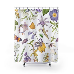 Lila Duschvorhang, Gelber Duschvorhang, Duschvorhang Pflanze, Schmetterling Dekor, Blumen Duschvorhang, Lila Badezimmer, Natur Badezimmer