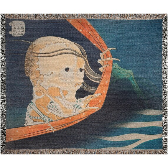 Halloween Blanket, Woven Blanket, Japanese Blanket, Skeleton Blanket, Skull Blanket, Japanese Decor, Hokusai Painting, Halloween Tapestry