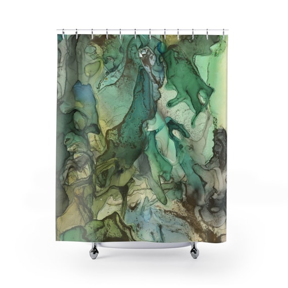 Green Shower Curtain, Green Bathroom, Green Brown Decor, Watercolor Shower Curtain, Boho Shower Curtain, Green Home Decor, Abstract Bathroom