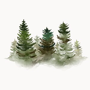 Puede incluir: Pintura a la acuarela de un bosque de &aacute;rboles de hoja perenne en tonos verdes y marrones. Los &aacute;rboles est&aacute;n densamente agrupados, con diferentes alturas y formas. El fondo es de un color blanco roto suave, creando una escena serena y natural.