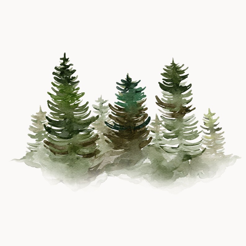Puede incluir: Pintura a la acuarela de un bosque de &aacute;rboles de hoja perenne en tonos verdes y marrones. Los &aacute;rboles est&aacute;n densamente agrupados, con diferentes alturas y formas. El fondo es de un color blanco roto suave, creando una escena serena y natural.
