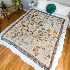 Mushroom Cottagecore Woven Blanket | Cozy Fringe Cotton Throw, Whimsical Forest Wall Tapestry