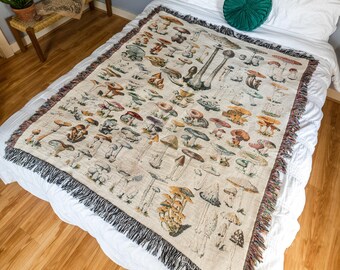 Mushroom Cottagecore Woven Blanket | Cozy Fringe Cotton Throw, Whimsical Forest Wall Tapestry