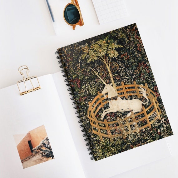 Unicorn Notebook, Boho Spiral Notebook, Unicorn in Captivity, Black Notebook, Unicorn Journal, Horse Notebook, Renaissance Art, Unicorn Art