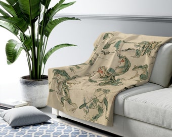 Frog Blanket, Sherpa Blanket, Japanese Blanket, Kawanabe Kyosai, Frog Decor, Frog Art, Animal Blanket, Vintage Frog, Vintage Japanese