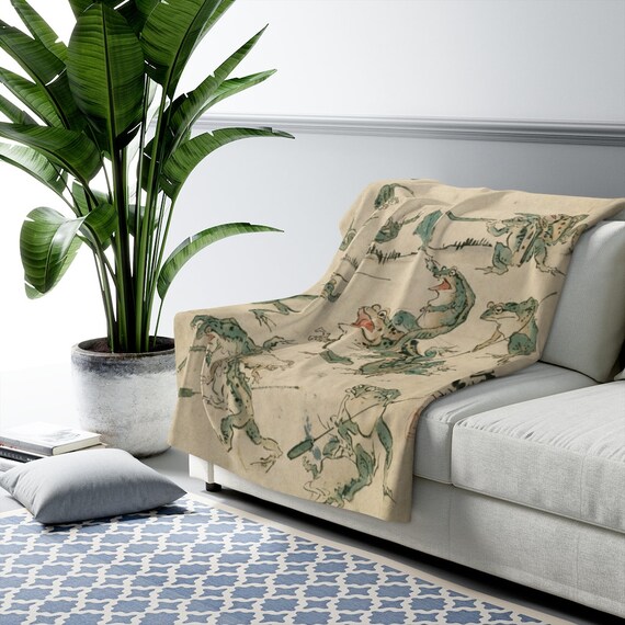 Frog Blanket, Sherpa Blanket, Japanese Blanket, Kawanabe Kyosai, Frog Decor, Frog Art, Animal Blanket, Vintage Frog, Vintage Japanese