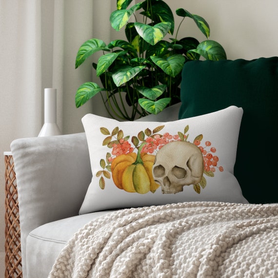 Fall Pillow, Halloween Pillow, Fall Home Decor, Autumn Decor, Pumpkin Pillow, Skull Decor, Halloween Decor, Lumbar Pillow, Botanical Pillow