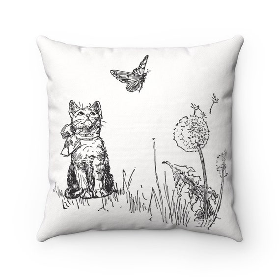 Cat Pillow, Butterfly Pillow, Cat Lover Gift, Cat Lady Gift, Dandelion Art, Black White Cat, Cat Drawing, Kitten Pillow, Cat Decor
