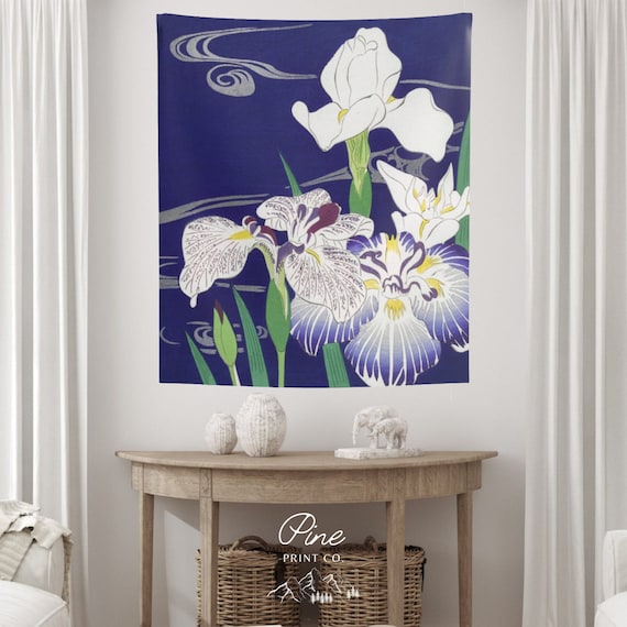Floral Tapestry, Indigo Art, Purple Decor, Iris Flower, Kogyo Tsukioka, Japanese Tapestry, Japanese Decor, Nature Tapestry, Vintage Tapestry