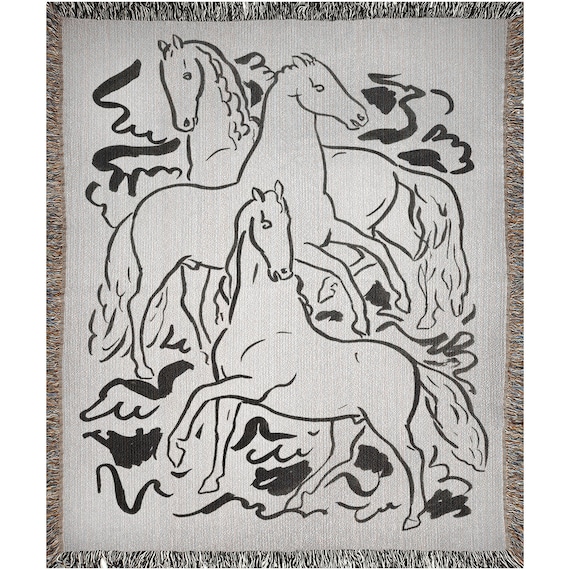 Horse Blanket, Woven Blankets, Black White Blanket, Boho Woven Blanket, Horse Gift, Horse Decor, Horse Art, Horse Tapestry, Western Blanket