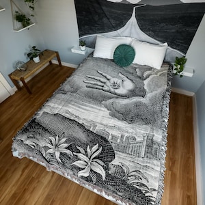 Black White Hand Of Fate Woven Blanket | Vintage Occult Witch Cotton Throw, Boho Fine Art Wall Tapestry