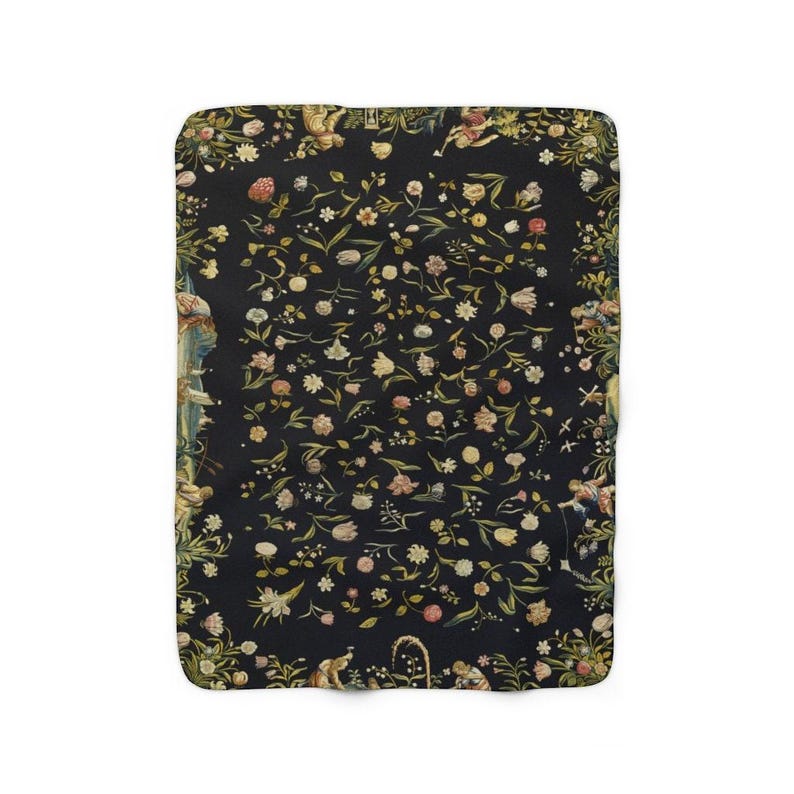 Black Floral Sherpa Blanket | Botanical Boho Pattern Fleece Throw, Cottagecore Inspired Plush Essential 50" × 60"