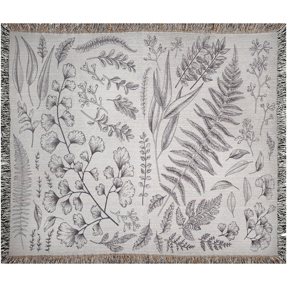 Plant Woven Blanket, Botanical Blanket, Cottagecore Decor, Nature Blanket, Plant Lover Gift, Botanical Decor, Black White Blanket