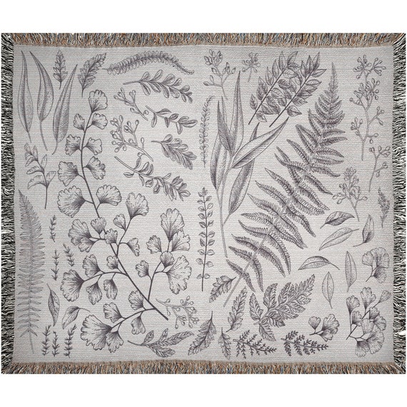 Plant Woven Blanket, Botanical Blanket, Cottagecore Decor, Nature Blanket, Plant Lover Gift, Botanical Decor, Black White Blanket