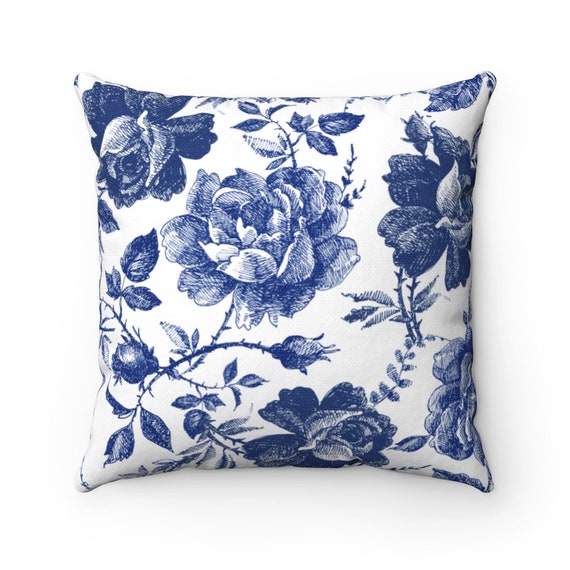 Blue Throw Pillow, Botanical Pillow, Blue Rose, Botanical Decor, Blue Chinoiserie, Chinoiserie Pillow, Rose Pillow, Vintage Pillow