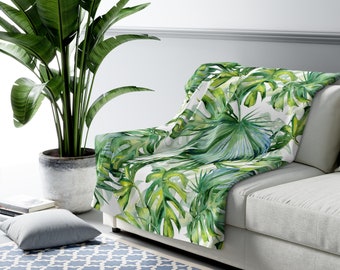 Monstera Sherpa Blanket, Tropical Blanket, Plant Blanket, Green Fleece Blanket, Botanical Blanket, Plant Lover Gift, Green Blanket