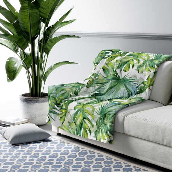 Monstera Sherpa Blanket, Tropical Blanket, Plant Blanket, Green Fleece Blanket, Botanical Blanket, Plant Lover Gift, Green Blanket