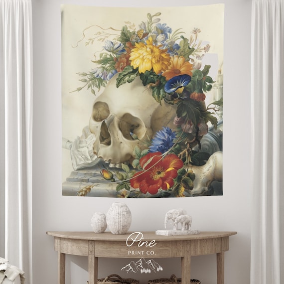 Skull Tapestry, Floral Skull, Vintage Tapestry, Skull Flowers, Floral Tapestry, Vintage Halloween, Halloween Tapestry, Skull Wall Art